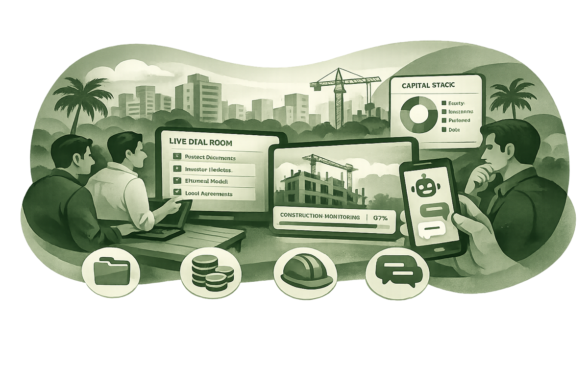 OnlyFund — investors and developers reviewing a deal room with a live capital stack and construction monitoring