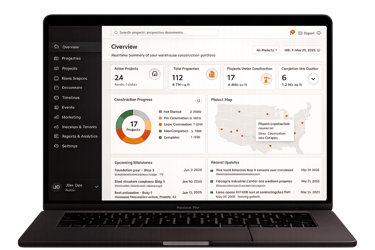 Warehouse construction dashboard — overview screen showing active projects, completion progress, project map, upcoming milestones, and recent updates